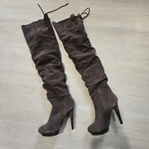 Gray Suede Over-the-Knee Platform Stiletto Boots Real Leather SZ 9B
